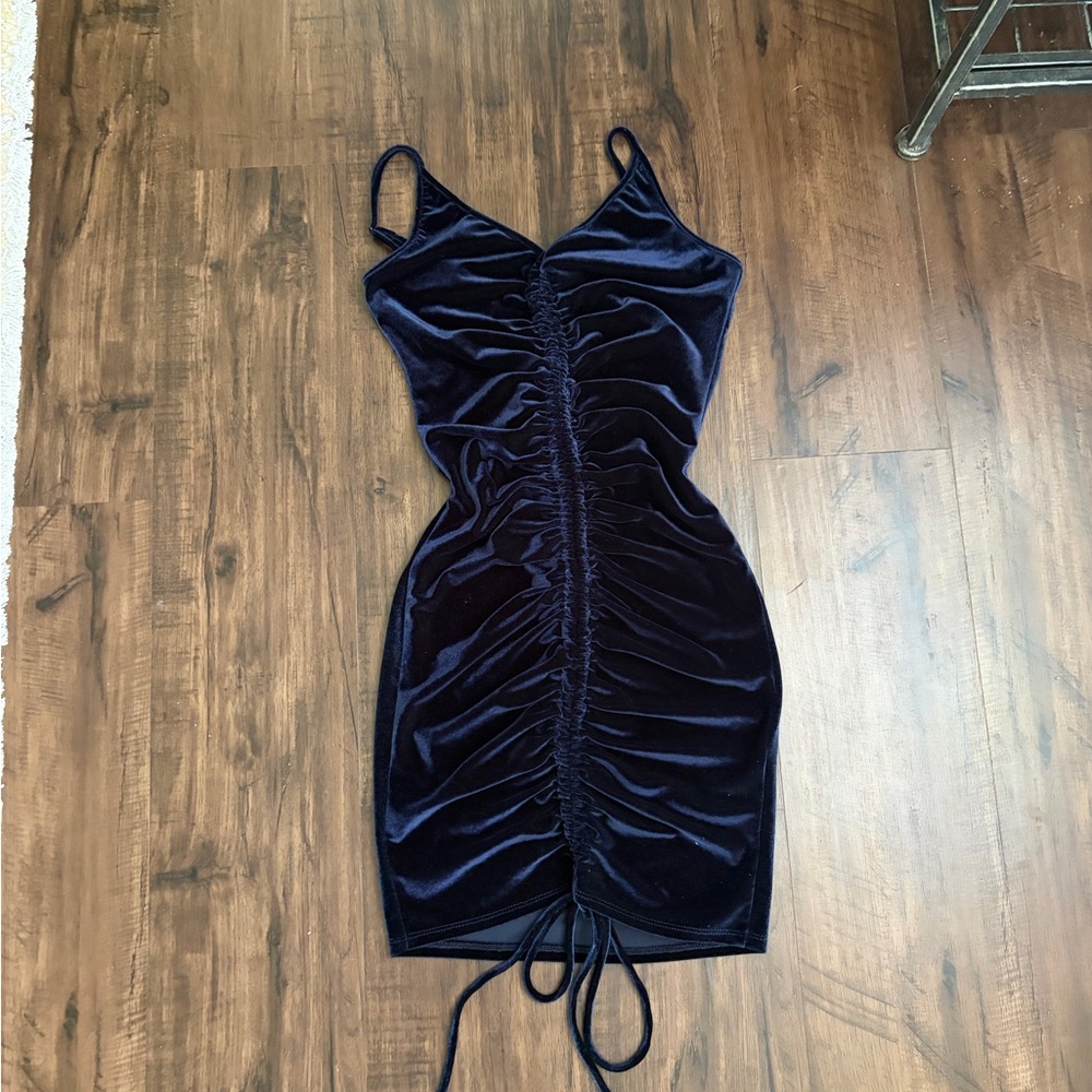 Navy Ruched Velvet Mini Dress